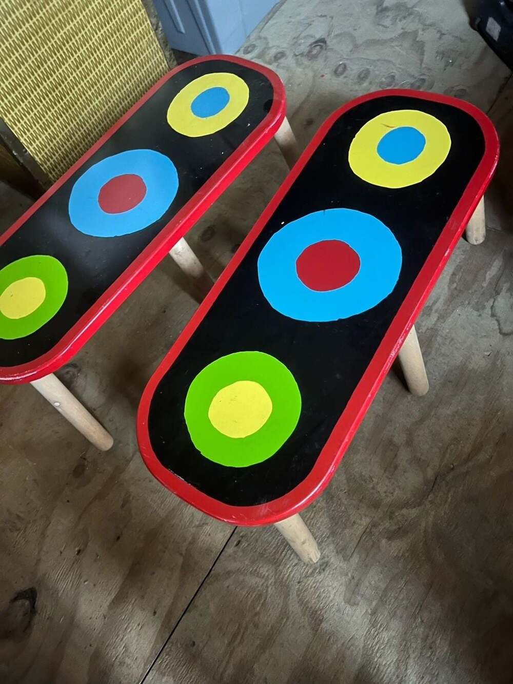 Pair of Modern Style Traffic Light Motif Wooden Children's Stools
